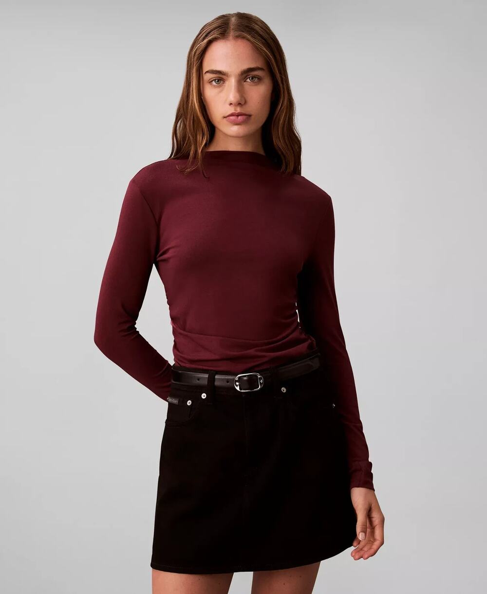 Calvin Klein Women's Slim Long Sleeve Mock Neck Top Burgundy Size L 1818